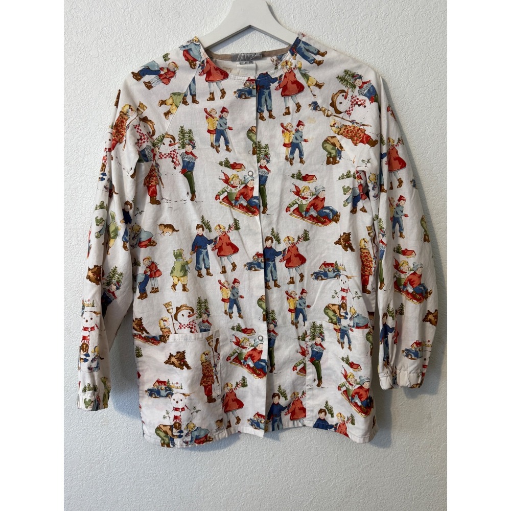 White Swan Fundamentally Cotton Womens Holiday‎ Winter Snow Scene Scrub Top